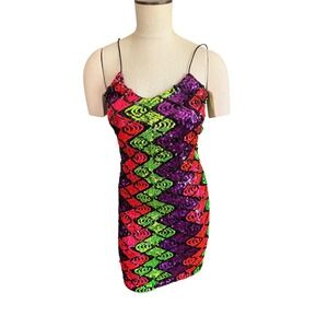 DePat's DeSigns Mini Dress Med. Neon Pink Purple Green Sequin Vintage 80s Disco